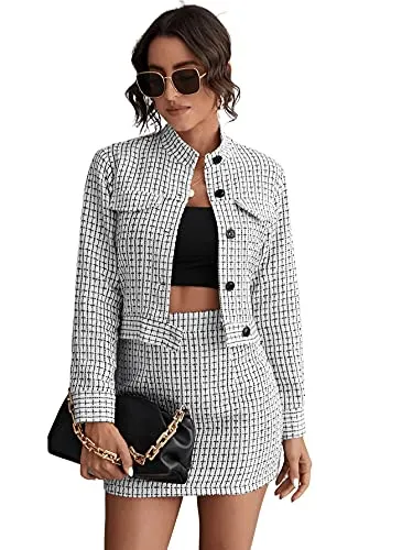 SweatyRocks Women's Business Suit 2 Pieces Tweed Blazer Jacket Coat and Skirt Set Plaid White S