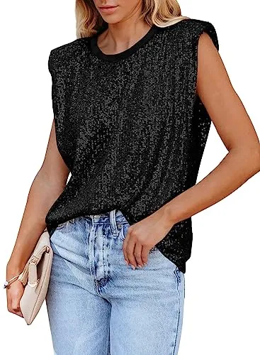 miduo Womens Top Summer Crewneck Sleeveless Sequin Shoulder Padded Tops Sparkle Casual Blouses Shirts Tops Black L