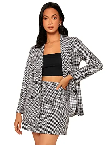 WDIRARA Women's 2 Piece Outfits Houndstooth Double Breasted Blazer and Skirt Suit Set Black and White L