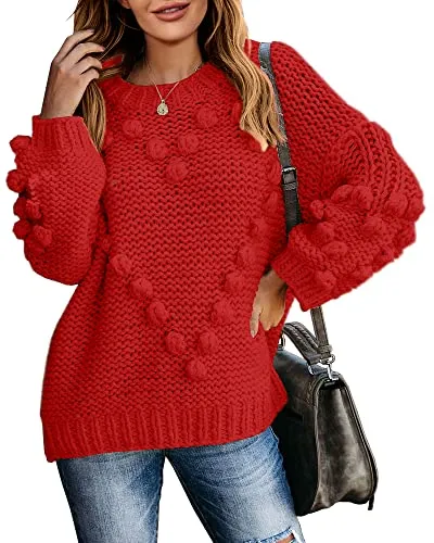 Saodimallsu Womens Chunky Batwing Sweaters Oversized Long Sleeve Crew Neck Dot Heart Cute Loose Knit Pullover Tops Red