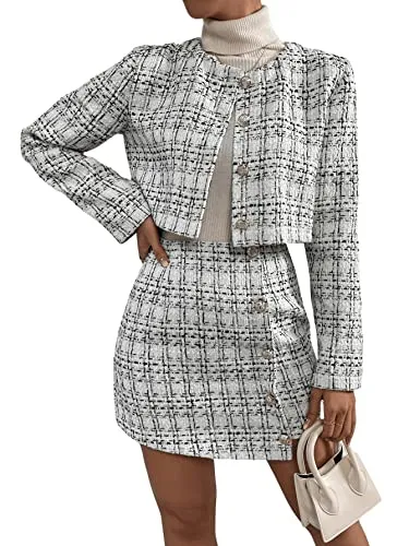 SweatyRocks Women's Business Suit 2 Pieces Tweed Blazer Jacket Coat and Skirt Set Pale White S