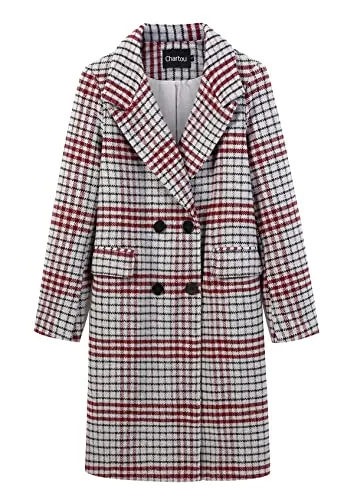 CHARTOU Women's Winter Oversize Lapel Collar Woolen Plaid Double Breasted Long Peacoat Jacket (Medium, Grey)