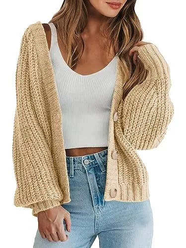 Caracilia Women's Short Cardigan Sweaters V Neck Button-Down Long Sleeve Oversized Chunky Knit Open Front Outwear 2023 Fashion Loose Fit Soft Warm Lightweight Coats Pockets C121A4-zhongxing-M Apricot