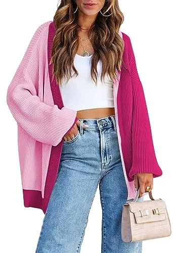 Women's Colorblock Cardigan Long Sleeve Open Front Ribbed Knit Oversized Cardigans Sweaters with Pockets Rose Red M