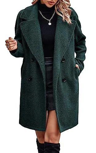 Angashion Women Long Sherpa Coat - Fuzzy Faux Fur Trench Jackets Winter Fleece Button Cardigan with Pockets Dark Green Medium