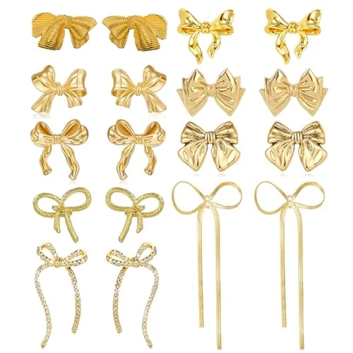 9 Pairs Gold Bow Earrings for Women Classic Ribbon Bow Stud Earrings Cute Statement Jewelry Set