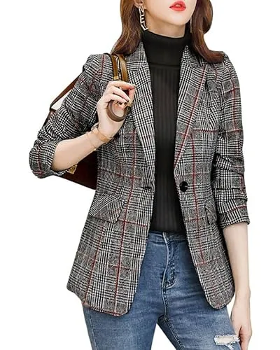 ebossy Women's Notch Lapel 2 Button Boyfriend Blazer Suit Houndstooth Plaid Jacket Coat (Medium, Z-Grey)
