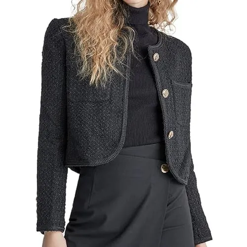 URBAN REVIVO Women's Casual Business Cropped Tweed Blazers Jacket with Pocket Slim Fit Long Sleeve Short Blazer Suit for Work Office Black
