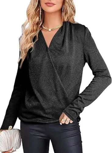 Dokotoo Sequin Tops for Women Fashion Wrap V-Neck Long Sleeve Sparkly Shinny Tops Club Night Out Party Shirts Tunic Blouses Black Small