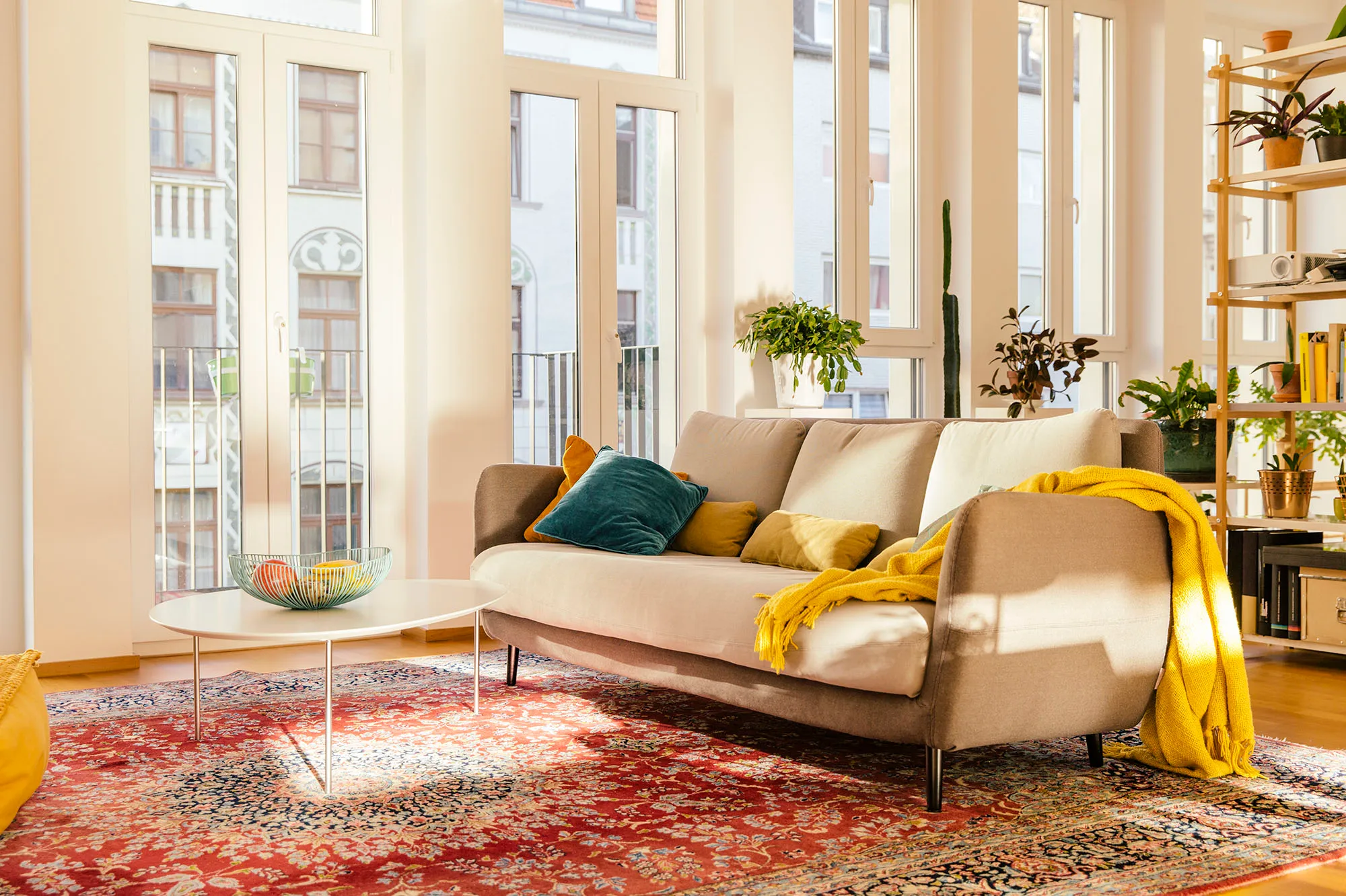 Living room area with Persian rug in loft apartment of Cologne, NRW, Germany