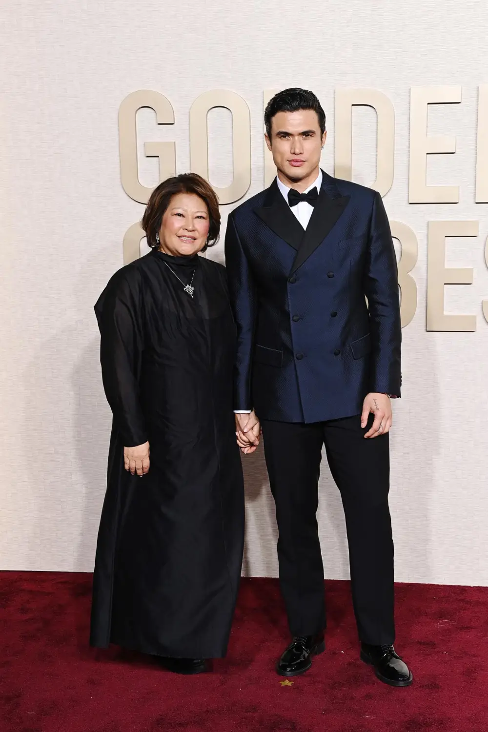 Charles Melton Looks Nice in Navy at the 2024 Golden Globes &mdash; While Attending With His Mom 837