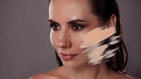 Photo portrait of lovely young lady glass choose tonal skin tone spa salon isolated on dark gray color background