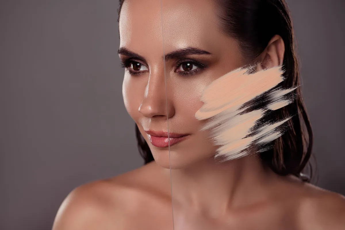 Photo portrait of lovely young lady glass choose tonal skin tone spa salon isolated on dark gray color background