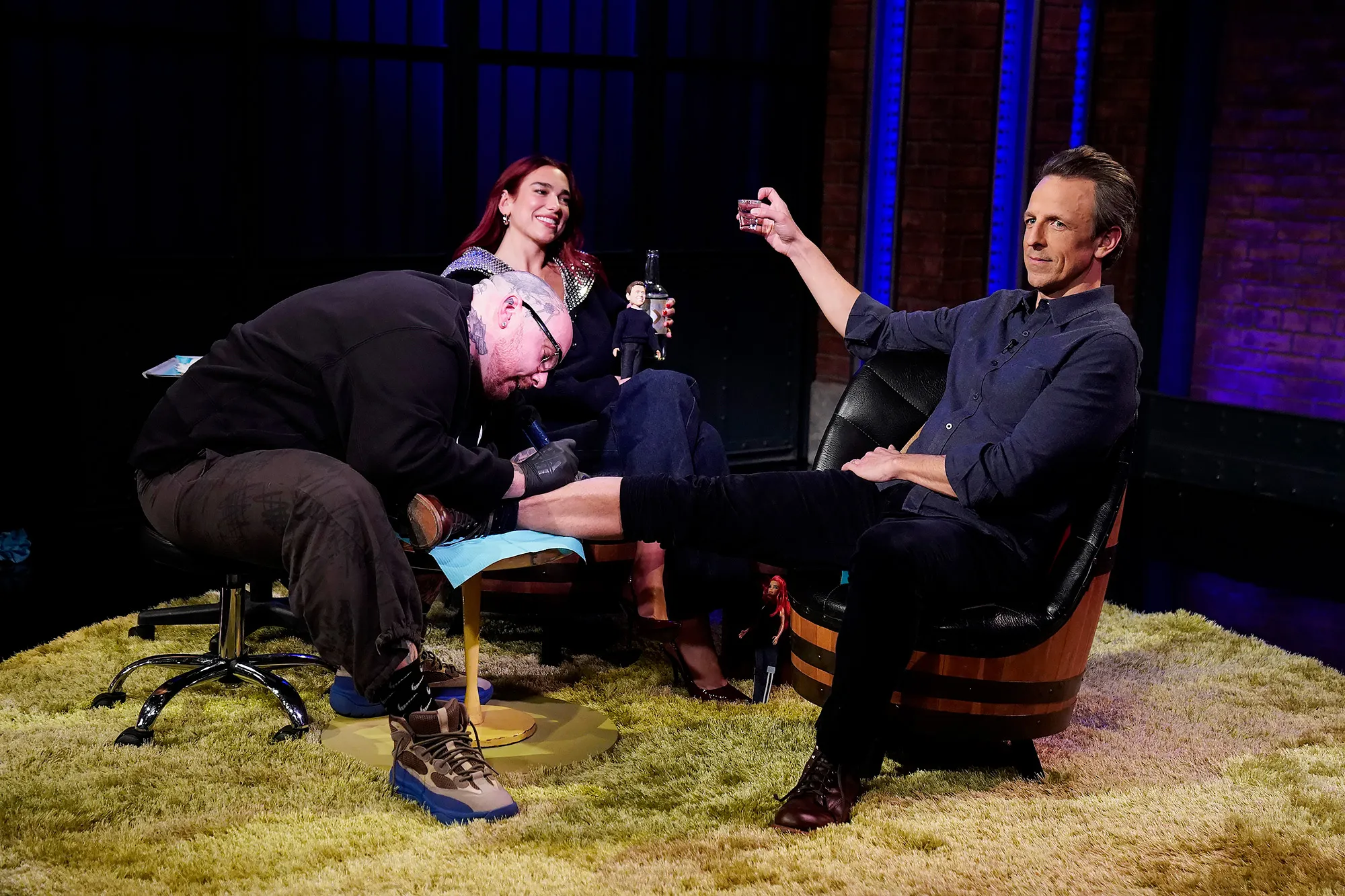 Feature Dua Lipa and Seth Meyers Take Shots and Get Matching Star Tattoos