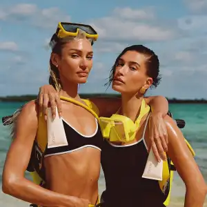 Hailey Bieber and Candice Swanepoel Twin in Sexy Swimsuits for New Rhode Launch 873