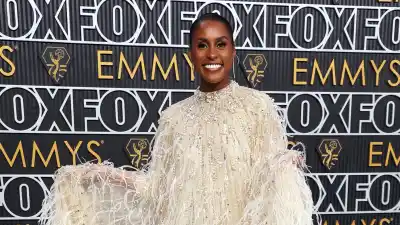 Issa Rae Spins in Beaded and Feathered Embellished Gown at the Emmys 684