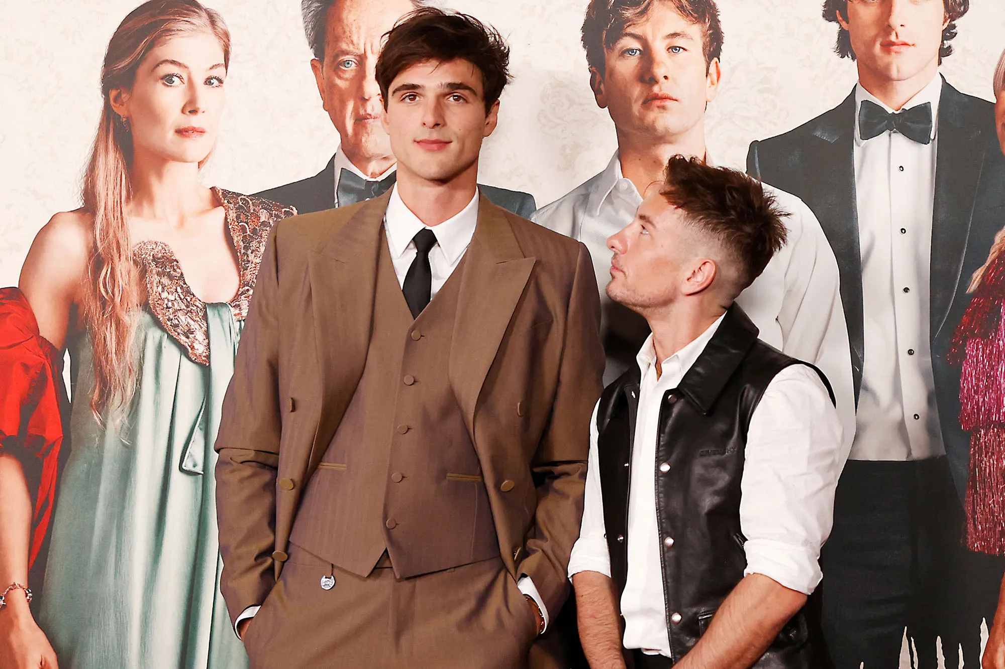 Jacob Elordi (L) and Barry Keoghan arrive for the Los Angeles premiere of "Saltburn" at The Theatre at ACE Hotel in Los Angeles, California, on November 14, 2023. (Photo by Michael Tran / AFP) (Photo by MICHAEL TRAN/AFP via Getty Images)