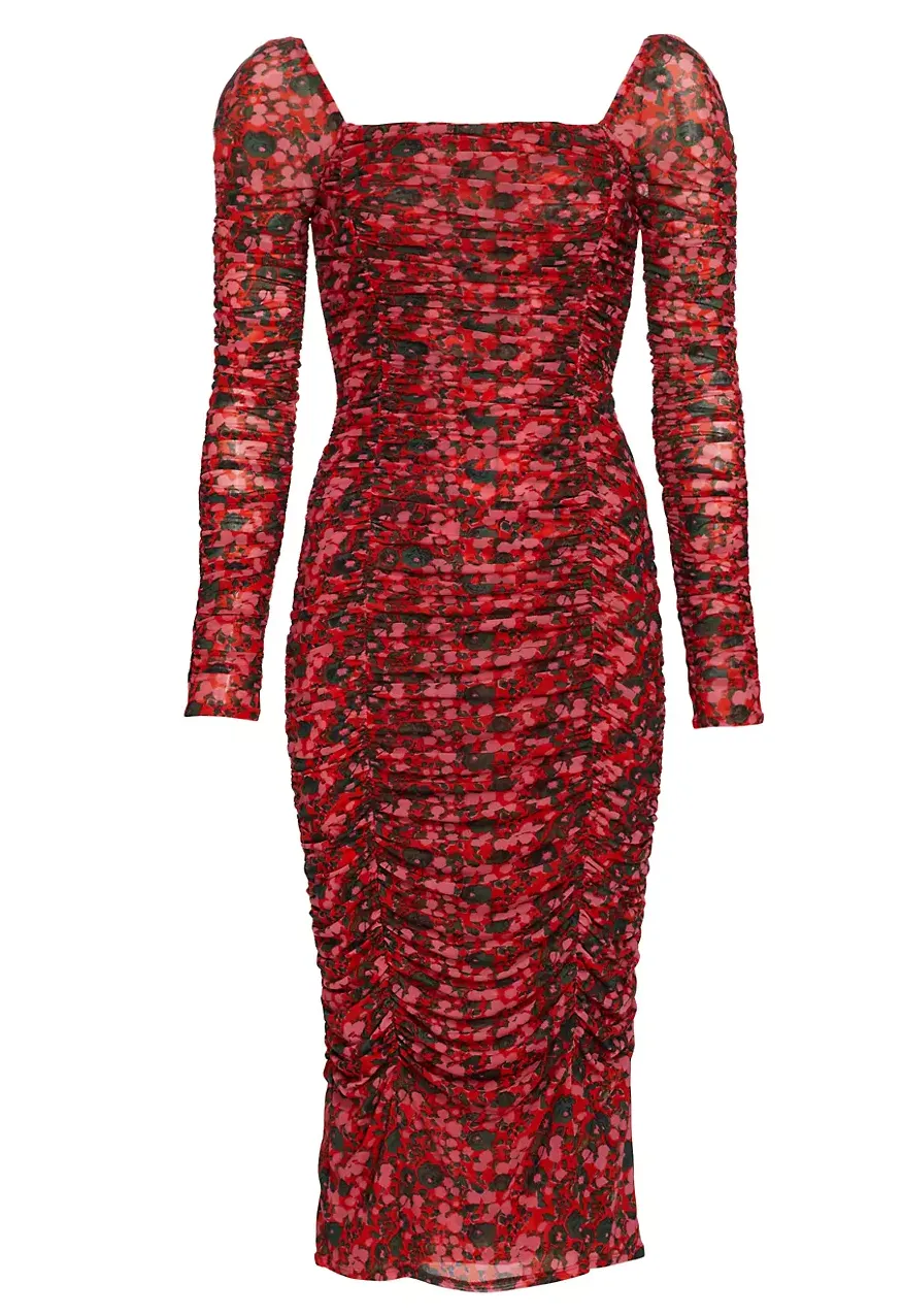 Rhode Simona Floral Mesh Ruched Midi-Dress