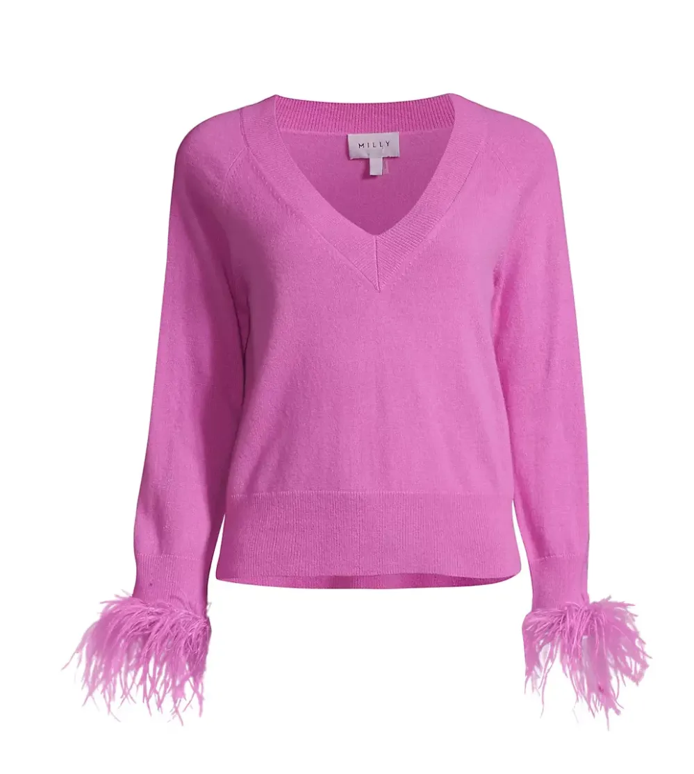 Milly V-Neck Feather-Cuff Sweater saks fifth avenue designer sale