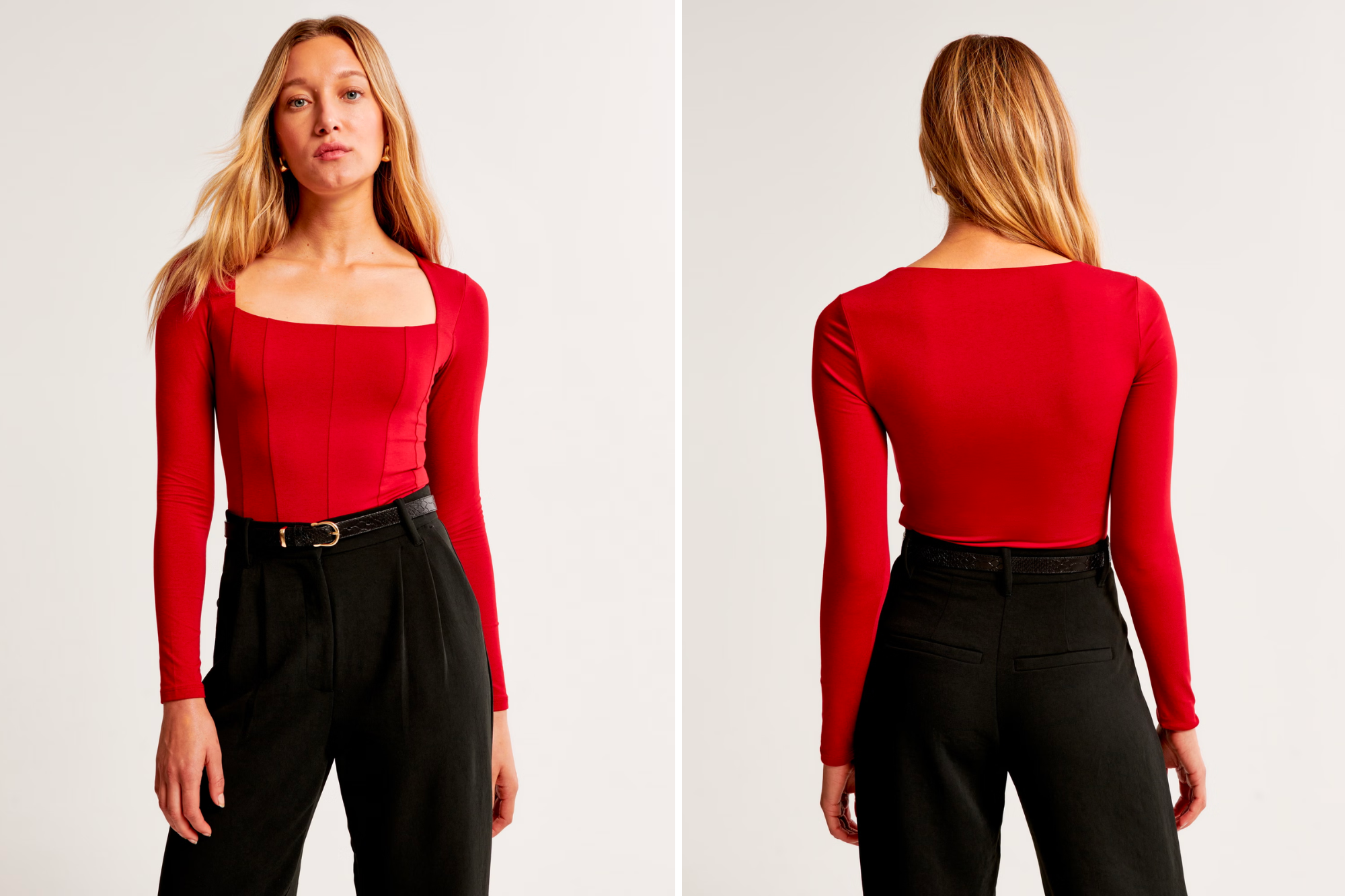 Abercrombie & Fitch Long-Sleeve Cotton-Modal Squareneck Corset Bodysuit