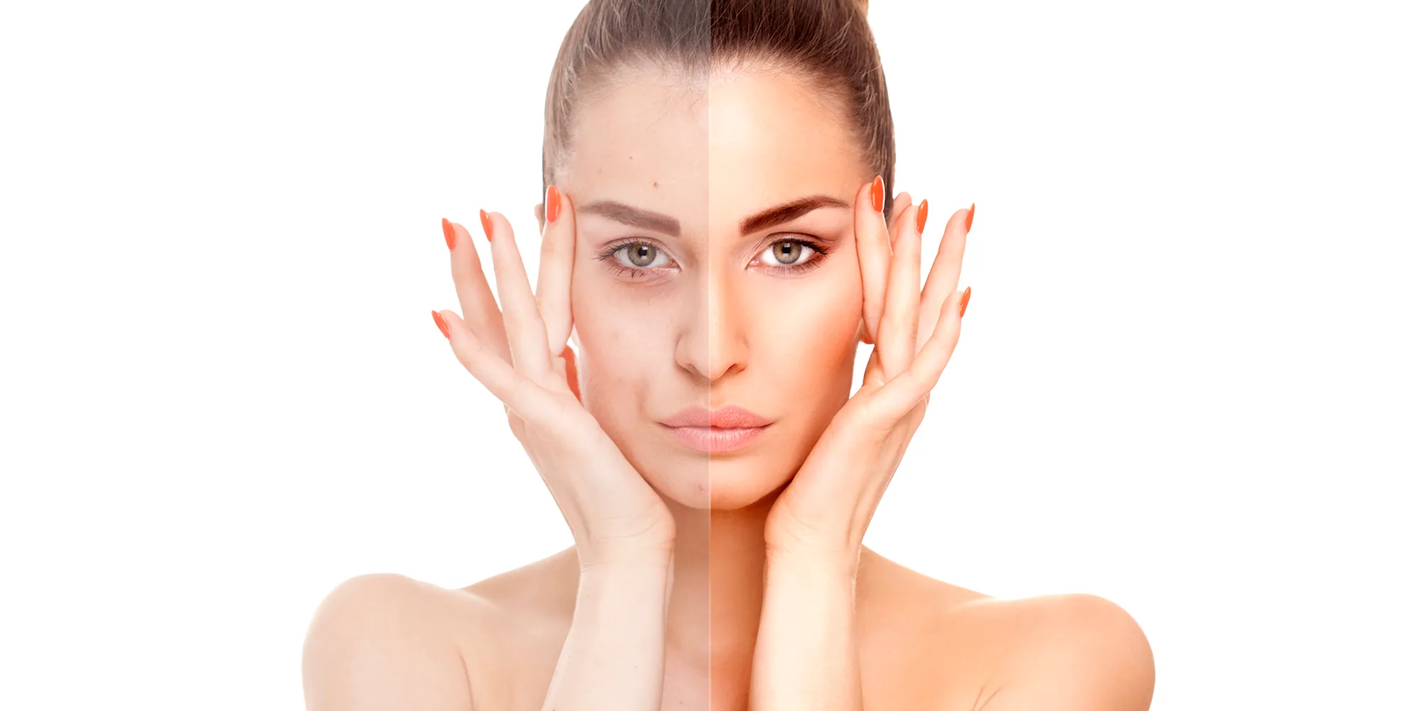 Close-up of a woman face divided in two parts - no retouch with red skin and acne and good beauty retouch.