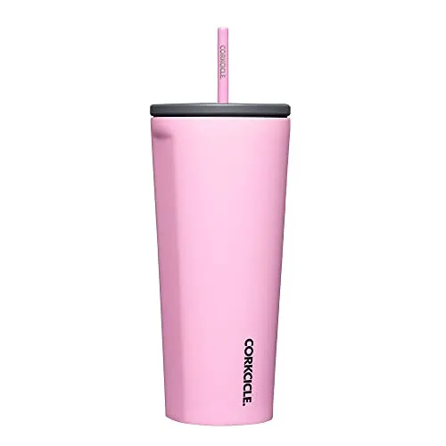 Corkcicle Travel Tumbler with Straw and Spill Proof Seal Lid, Cold Cup, Reusable Triple Insulated Stainless Steel Mug, BPA Free, Keeps Beverages Cold for 12 Hours, Sun-Soaked Pink, 24 oz