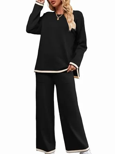 SuperPrity Sweater Lounge Sets for Women 2 Piece Fall Long Sleeve Knit Sets with Pocket Causal Wide Leg Pants Outfits Sets-S,Black
