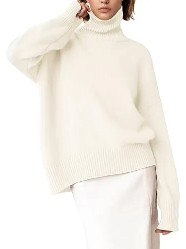 YKR Women's Turtleneck Sweater Chunky Long Sleeve Knitted Pullover High Low Hem Sweater 2023 Fall Winter Sweater Jumper Top White M