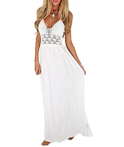 LILBETTER Women's Beach Crochet Backless Bohemian Halter Maxi Long Dress (White,Small)