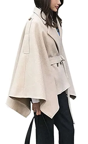 CHARTOU Women's Elegant Lapel Collar Wool Blend Bow-Tie Poncho Cape Jacket with Belt (Large, Beige)