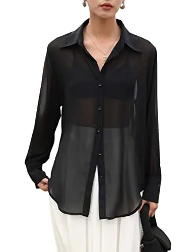 Arssm Sheer Button Up Blouse Mesh Shirt Women Long Sleeve Sexy See Through Top Fashion Black Trendy Mesh Blouse Tops(Black-XL)
