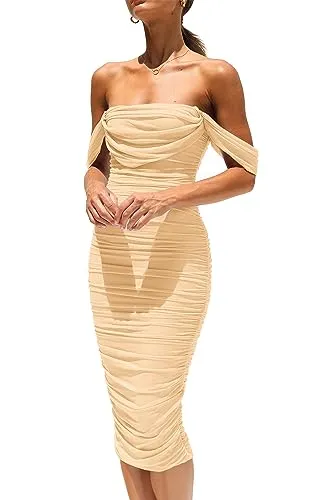 PRETTYGARDEN Women's Summer Off The Shoulder Ruched Bodycon Dresses Sleeveless Fitted Party Club Midi Dress (Apricot,Medium)