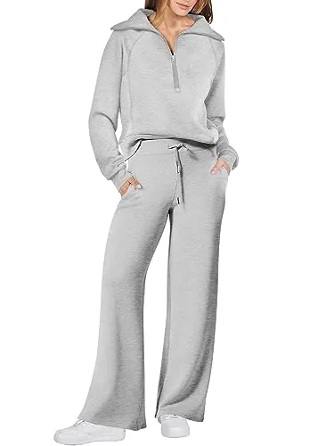 Prinbara Two 2 Piece Outfits Lounge Set for Women Oversized Fleece 1/4 Zipper Collar Sweatshirt Loungewear Pants Casual Matching Set 1PA088-qianhuahui-S