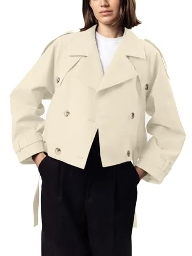 Imily Bela Womens Lapel Trench Coat Double Breasted Cropped Jacket Casual Outwear with Belt