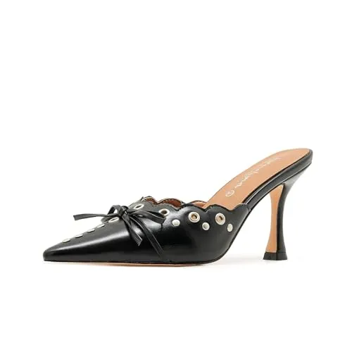 ATBELL Leather Bow Tie Heeled Mules Studs Pumps Pointy Kitten Heel Dress Heels BlackPU Size 9