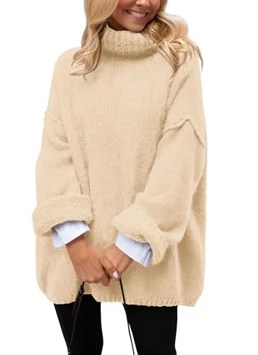 PRETTYGARDEN Women's 2024 Fall Knit Sweater Casual Long Sleeve Turtleneck Loose Chunky Pullover Tops (Beige,Medium)