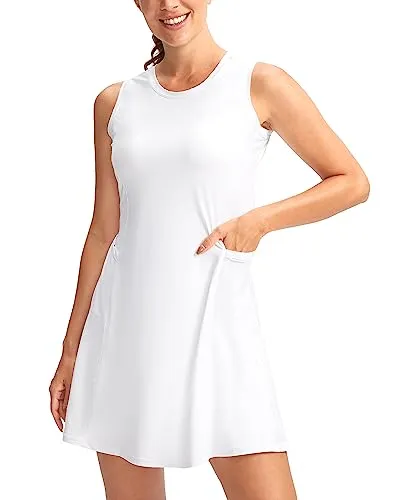 Soothfeel Women's Tennis Golf Dress with Built in Shorts Sleeveless Workout Active Athletic Dress for Women with 4 Pockets (White, M)
