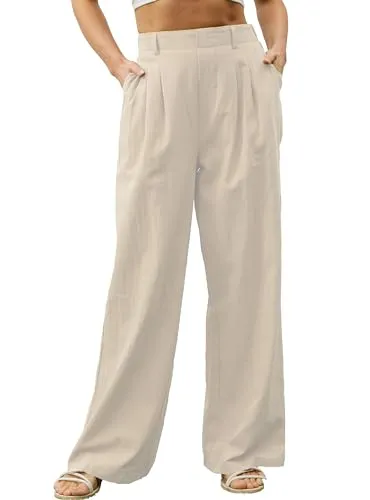 DAOAO Women's Linen Pants Elastic High Waist Wide Leg Palazzo Pants Casual Flowy Trousers Vacation Outfits with Pockets Apricot