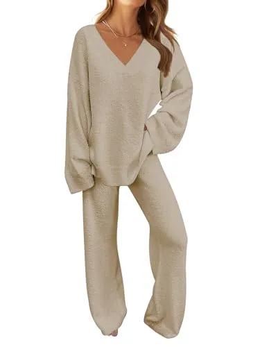 MEROKEETY Women's 2 Piece Outfits Fuzzy Fleece Pajama Set Long Sleeve Top Wide Leg Pants Loungewear,Lightkhaki,L