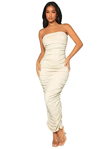 Floerns Women's Solid Ruched Sleeveless Strapless Backless Tube Bodycon Maxi Dress Beige L