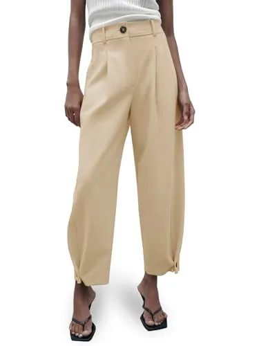 Cicy Bell Womens Casual Dress Pants High Waisted Button Work Office Pleated Trousers with Pockets Khaki