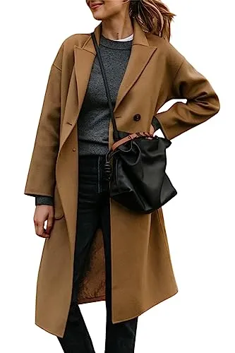 FSHAOES Womens Lapel Peacoat Winter Double-Breasted Outerwear Mid Long Jacket Casual Trench Coat