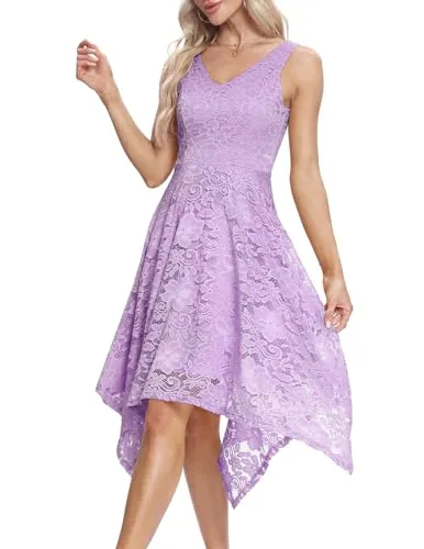 Meetjen Knee Length Cocktail Dresses Stretchy Lace Dress Irregular Hem Fancy Flowy Swing Dresses Lavender XL