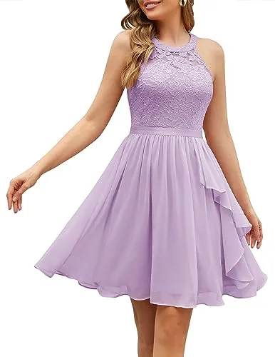 Wedtrend Lavender Women's Cocktail Party Dress with Sheer Neckline, Summer Short Prom Dress Ruffle Replica Luxury Handbagcoming Dress Sleeveless Floral Lace Dress for Easter, Wedding Party, Birthday WT0213LavenderL