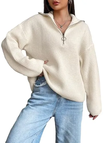 MakeMeChic Ribbed Knit Half-Zip Pullover Sweater