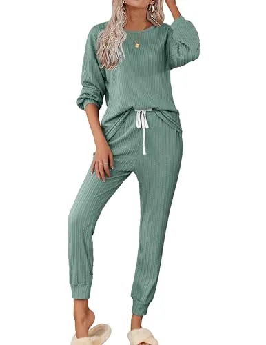 Ekouaer Loungewear Set Women&rsquo;s Long Sleeve Sweatshirt with Drawstring Pants Casual 2 Piece Outfits Tracksuit Set Gray Green,XL