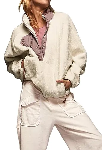 Aoang Womens Fuzzy Fleece Jacket Pullover Oversized Winter Warm Sweatshirt Beige