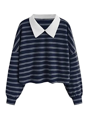 SweatyRocks Women's Casual Long Sleeve Striped Tee Top Collar Neck T-Shirt White Navy Blue S
