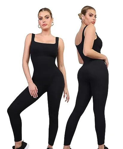 Popilush Jumpsuits for Women Built-In Sports Bra Ribbed Tank Workout Tummy Control Sleeveless Square Neck Rompers Black M