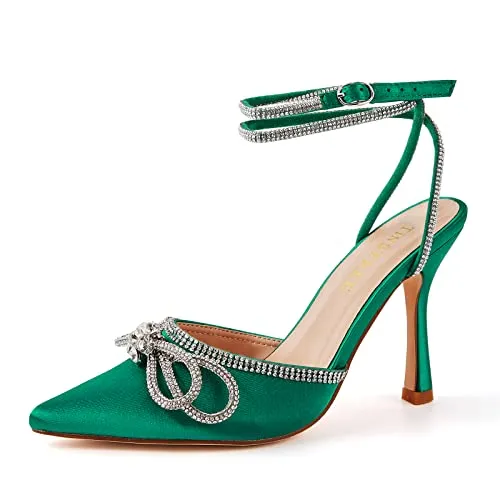 Green Rhinestone Heels,Women's Stiletto High Heels Wedding Party Brides Pumps Backless Strappy Heels Stain Sparkling Pointed Toe Heel Shoes with Jewel Buckle Bow Kitten Heel Comfy Deep Green,05